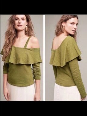 Postmark‎ Anthropologie Olive Green Off-Shoulder Ruffle Top Size Large